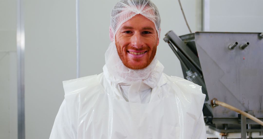 Smiling Man in Protective Gear in Food Processing Facility - Free Images, Stock Photos and Pictures on Pikwizard.com