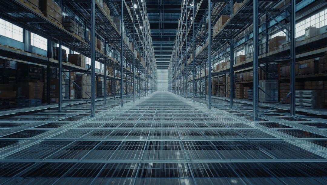 Smart Warehouse Aisle with Pallet Racks and Digital Grid Overlay