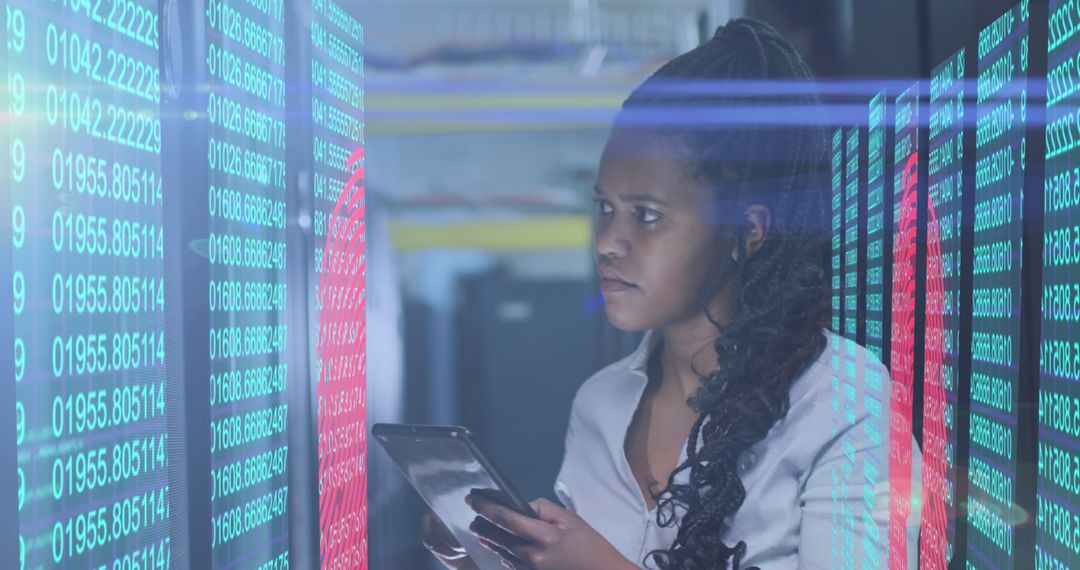 Woman Analyzing Data in high-tech Server Room