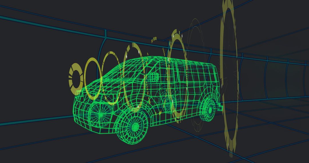 Futuristic Wireframe Cargo Van Scanning Inside a High-Tech Tunnel