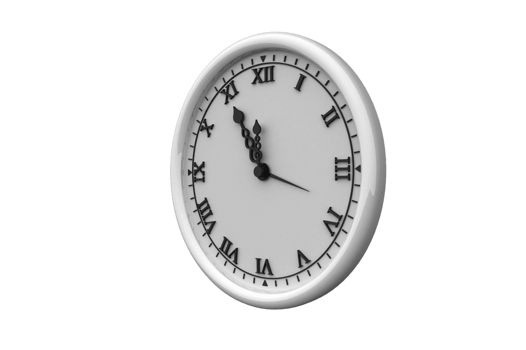 White Circular Wall Clock with Roman Numerals on Transparent Background