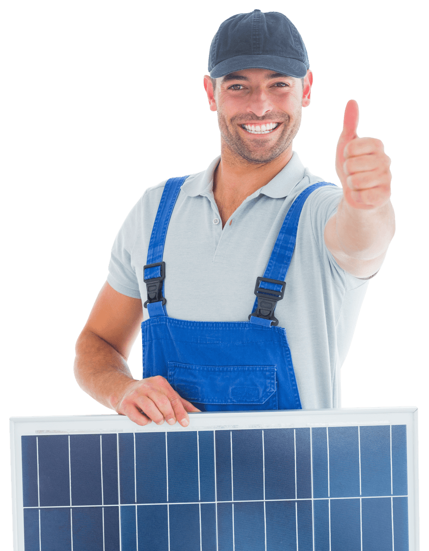 Smiling Handyman with Solar Panel Giving Thumbs Up Transparent