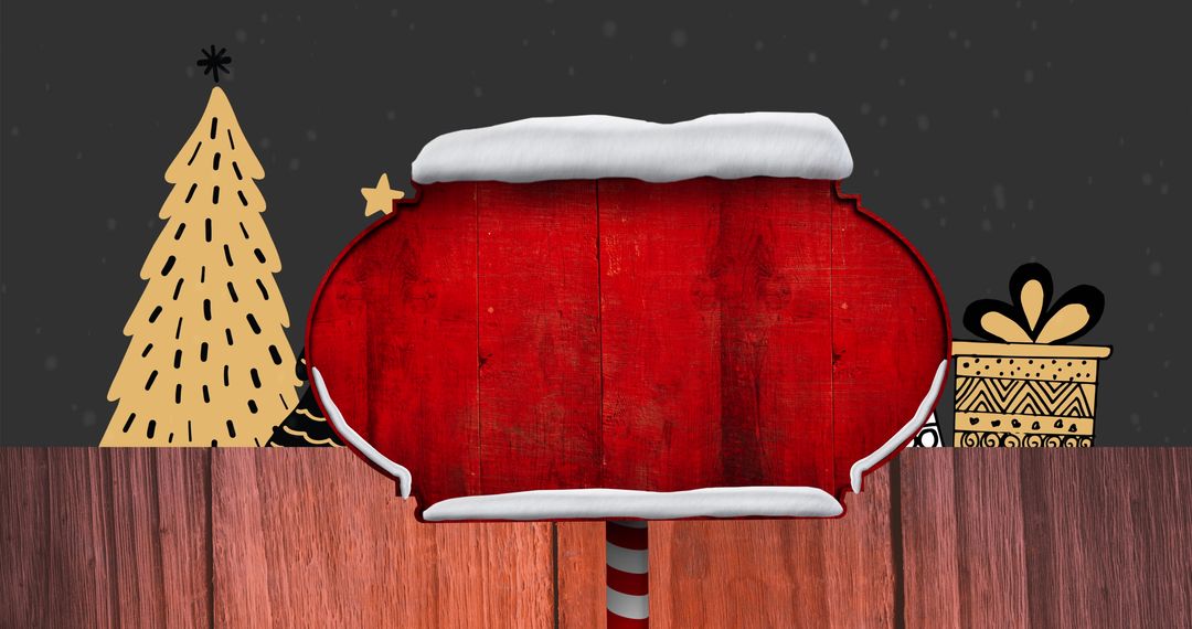 Empty Red Sign with Christmas Trees and Gifts Background