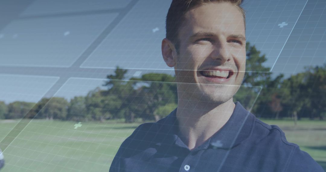 Man Enjoying Sunny Day at Golf Course with Digital Grid Overlay