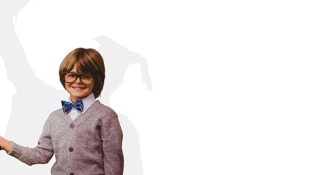 Digital composite image of boy with graduate shadow in back - Free Images, Stock Photos and Pictures on Pikwizard.com