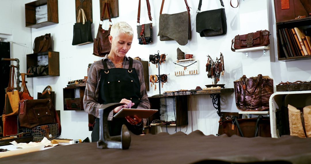 Artisan Working in Leather Craft Workshop with Tablet - Free Images, Stock Photos and Pictures on Pikwizard.com