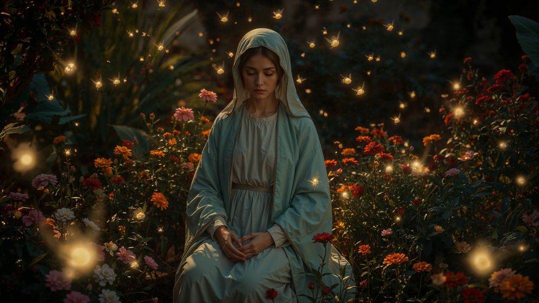 The virgin mary serene meditation in enchanted garden at twilight