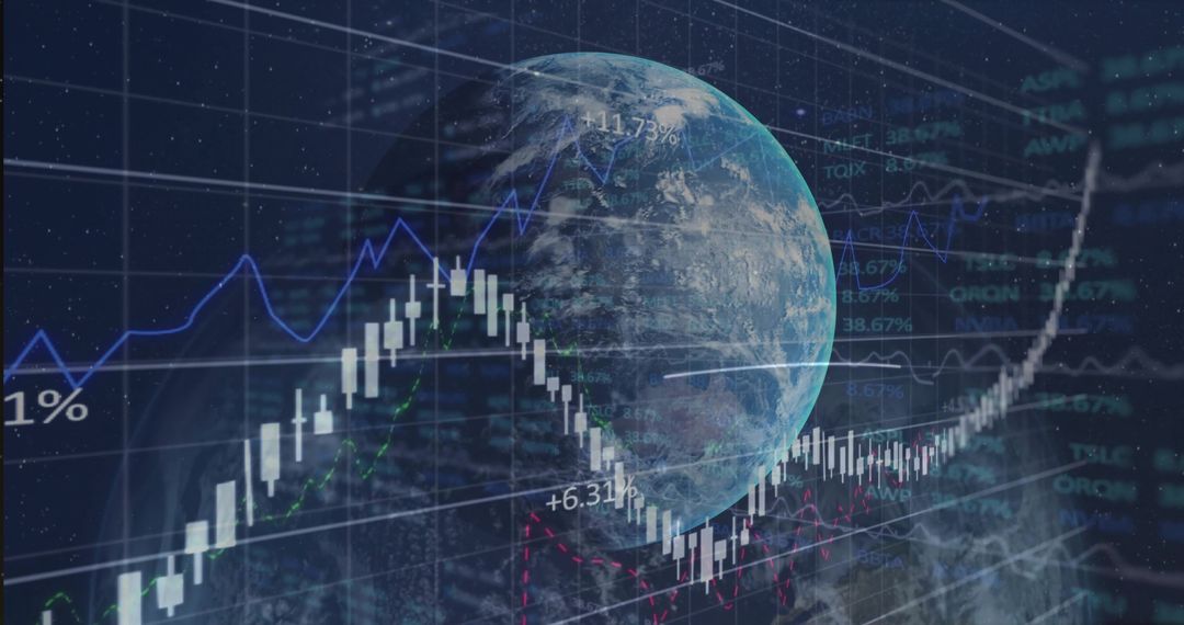 Global Market Uptrend Showing Earth Overlay with Candlestick Charts and Neon Grid