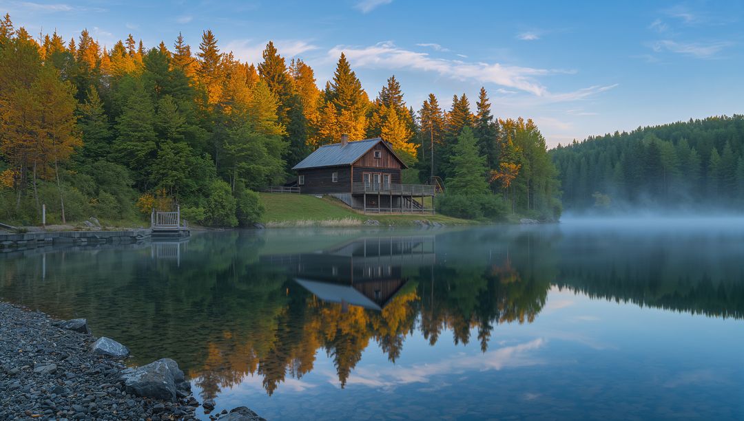 Reflecting Rustic Cabin on Misty Lake with Autumn Trees and Wooden Dock at Sunrise