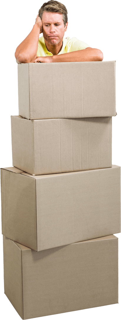 Pensive Man Reflecting Beside Stack of Cardboard Boxes Transparent