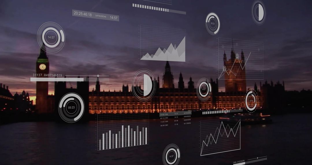 Houses of Parliament with Data Infographic Overlay at Dusk