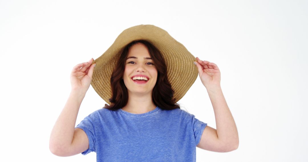 Cheerful Woman Wearing Sun Hat Smiling Against White Background - Free Images, Stock Photos and Pictures on Pikwizard.com