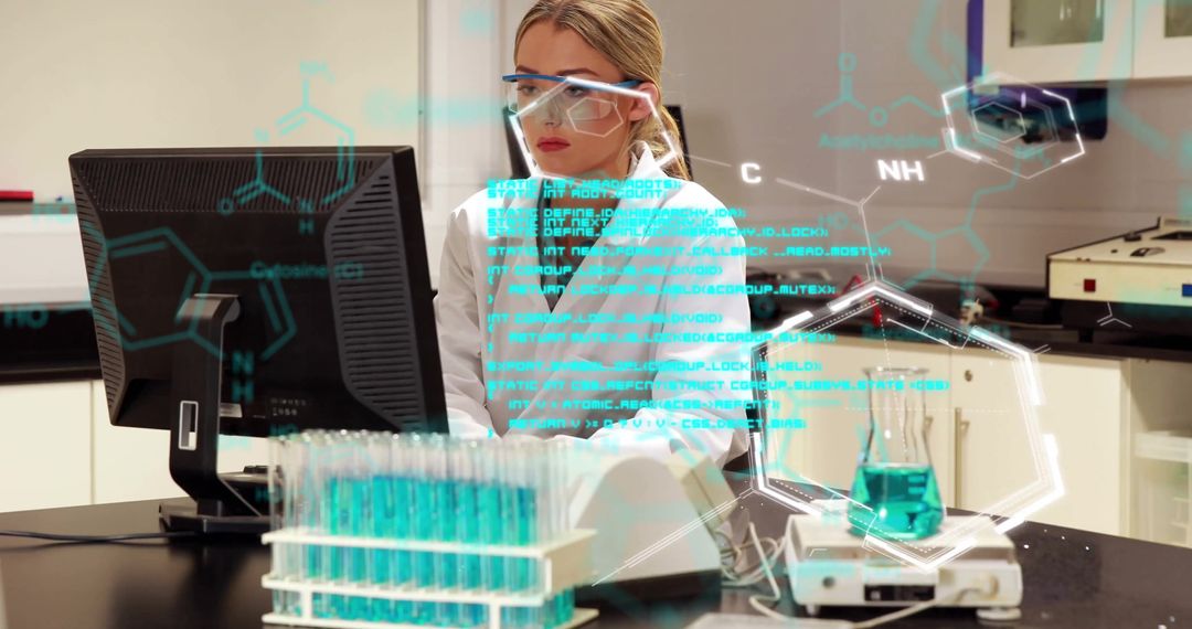 Female Scientist Analyzing Lab Data with Augmented Reality Interface