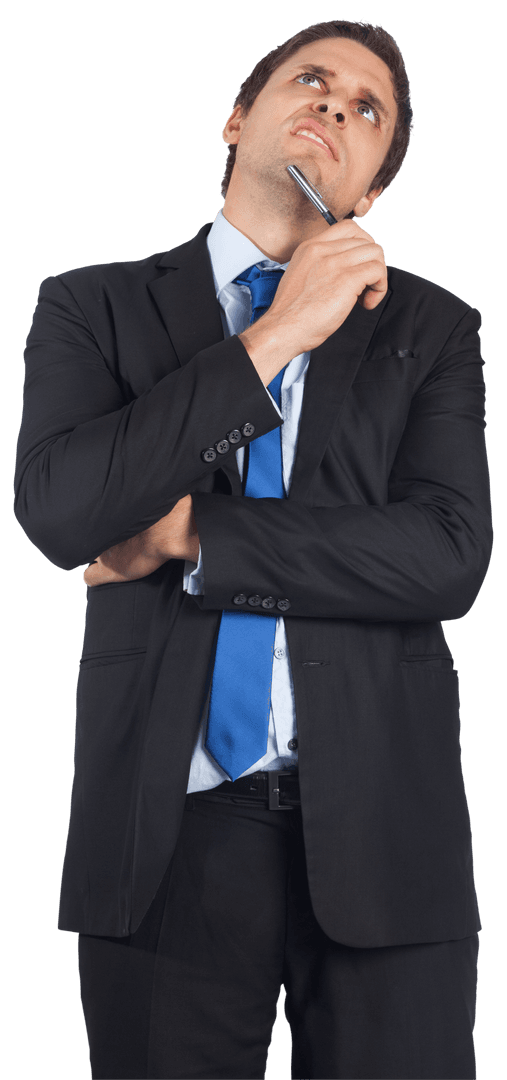 Confused Businessman Thinking With Pen on Transparent Background