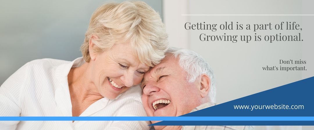 Joyful elderly couple laughing embracing positive aging