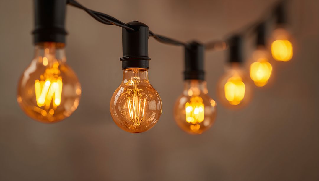 Warm Edison Filament String Lights Hanging with Vintage Amber Glow and Twisted Black Cable