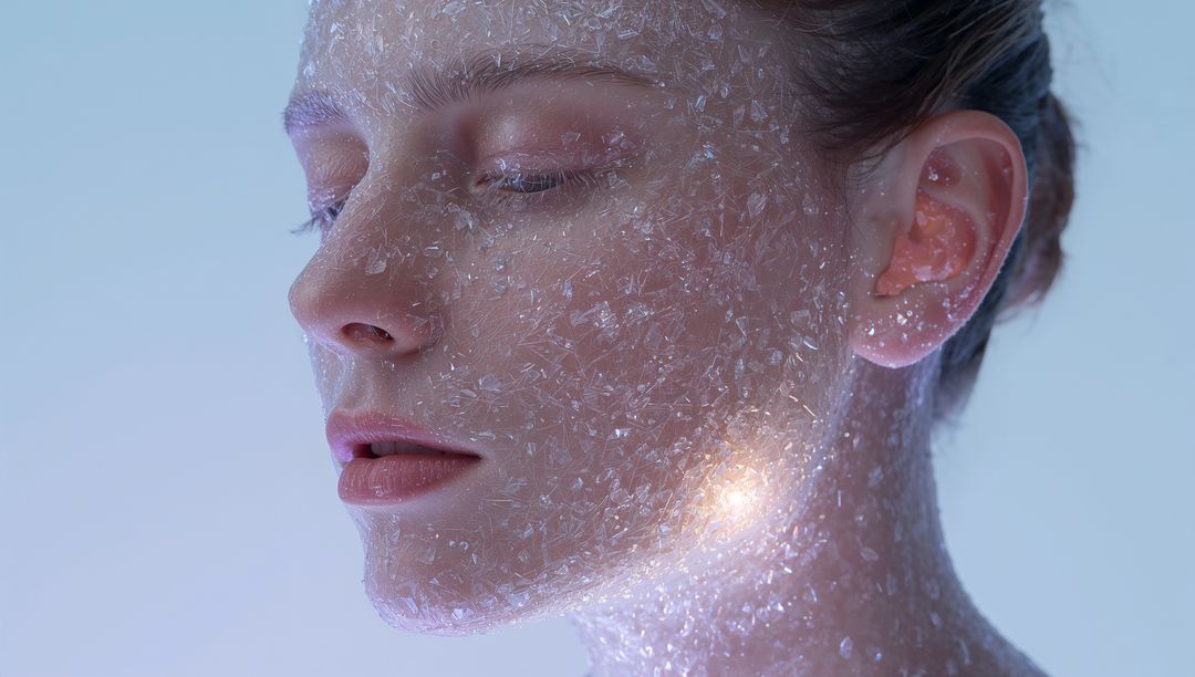 Woman wearing crystalline flakes on face with warm glowing highlights and iridescent sparkle