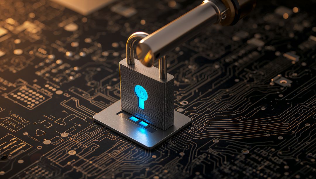Cybersecurity Lock on Circuit Board Symbolizing Data Protection