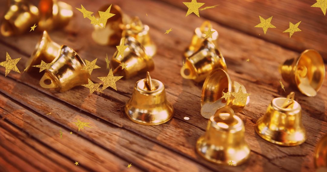 Golden Christmas Bells with Floating Stars on Rustic Wood
