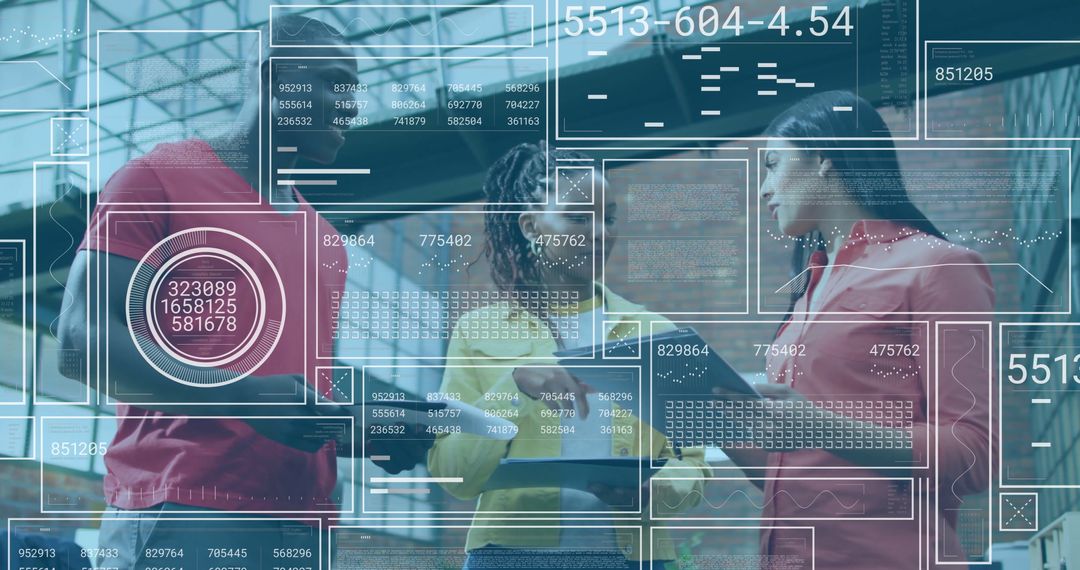 Financial Data Visualization with Diverse Team Meeting in Office