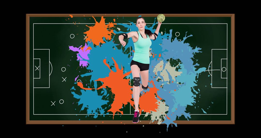 Dynamic Female Handball Player with Strategy Background