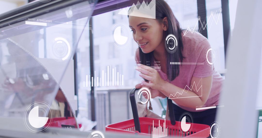 Woman Shopping with Digital Data Interface Overlay