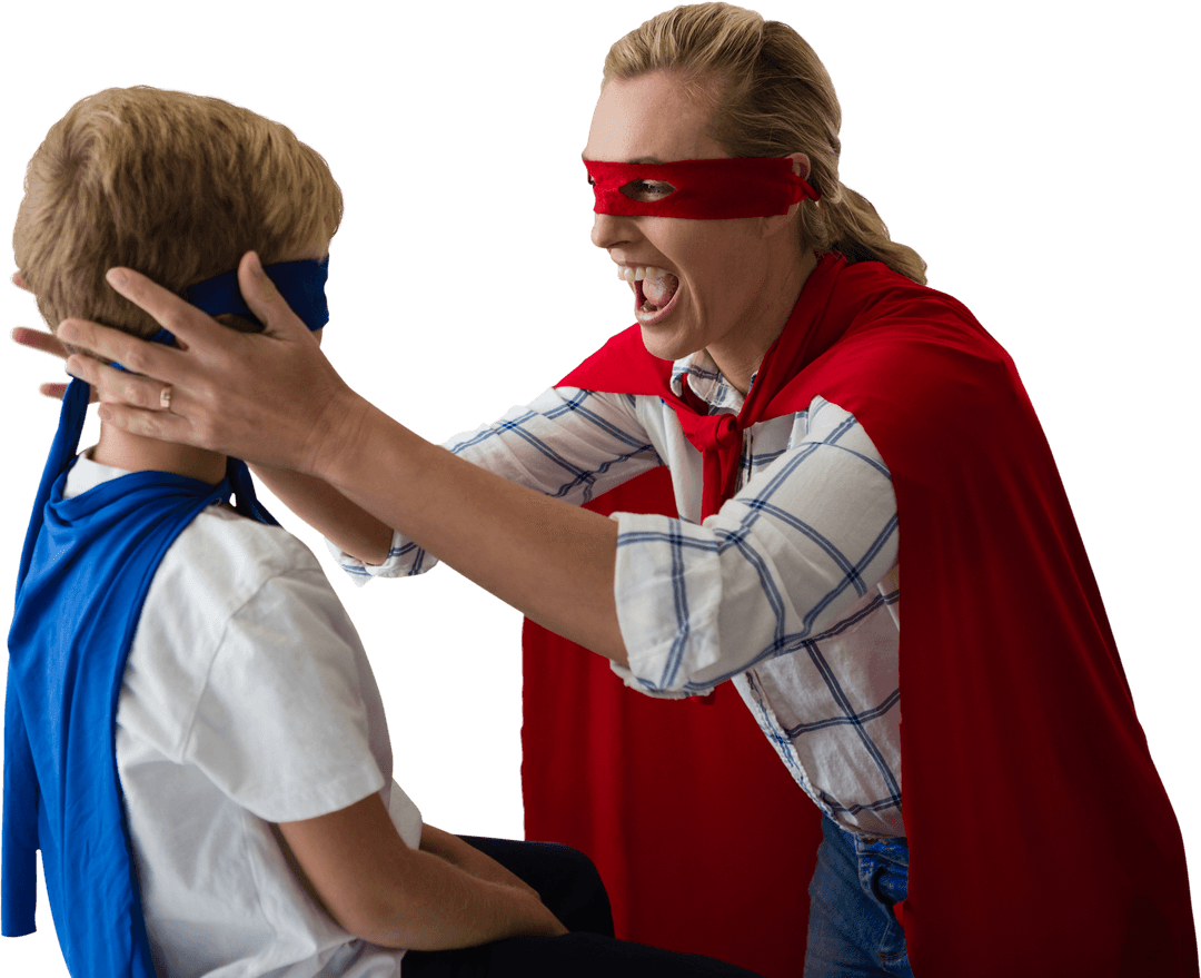 Playful Mother and Son Pretending To Be Superheroes Transparent Design