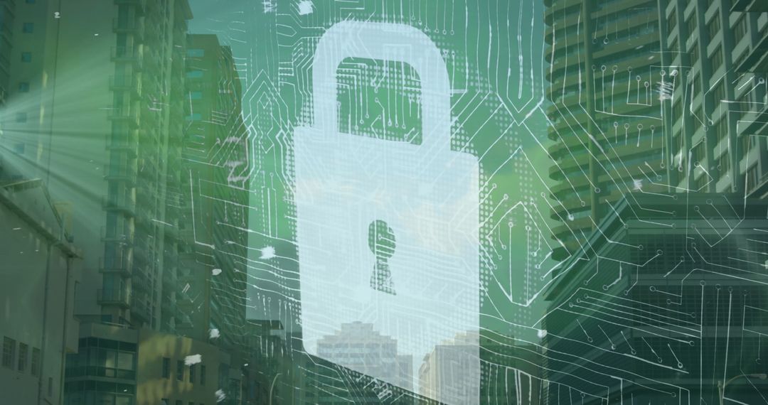 Cityscape with Digital Lock Icon Highlighting Data Security
