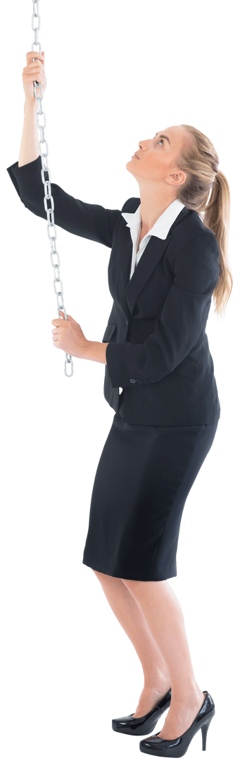 Transparent Blonde Businesswoman Pulling Vertical Chain