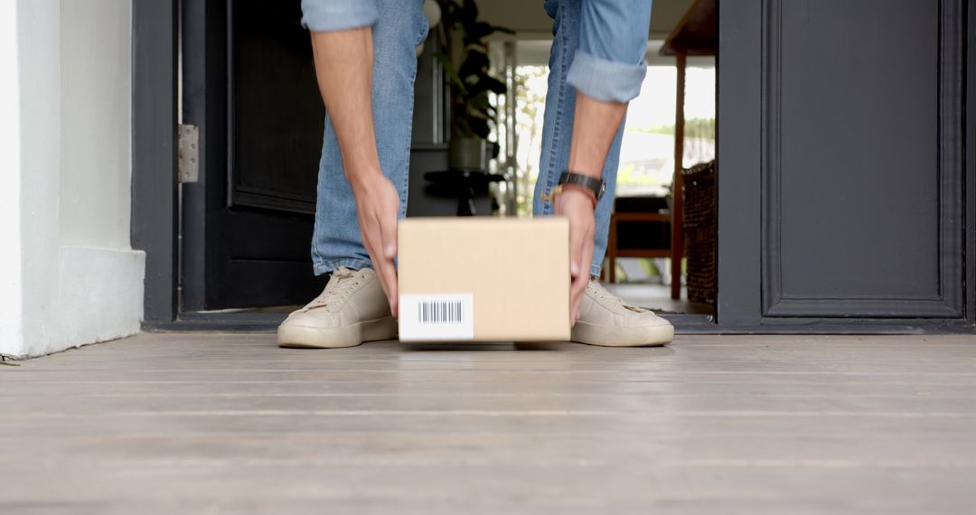 Man Picking Up Package at Doorstep in Residential Area