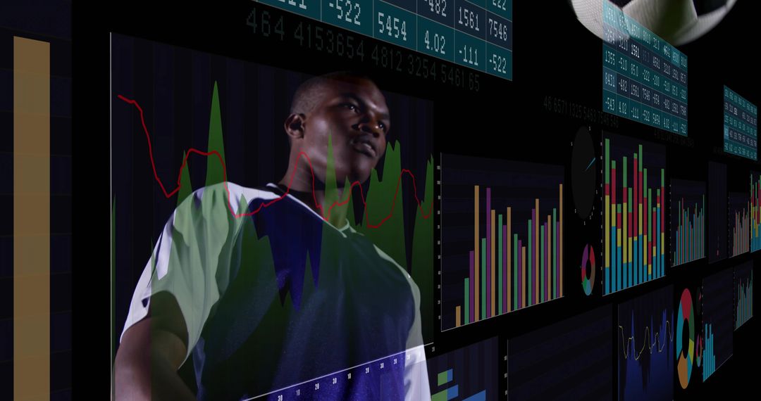 Analytical Insight: Man Examines Futuristic Finance Dashboards