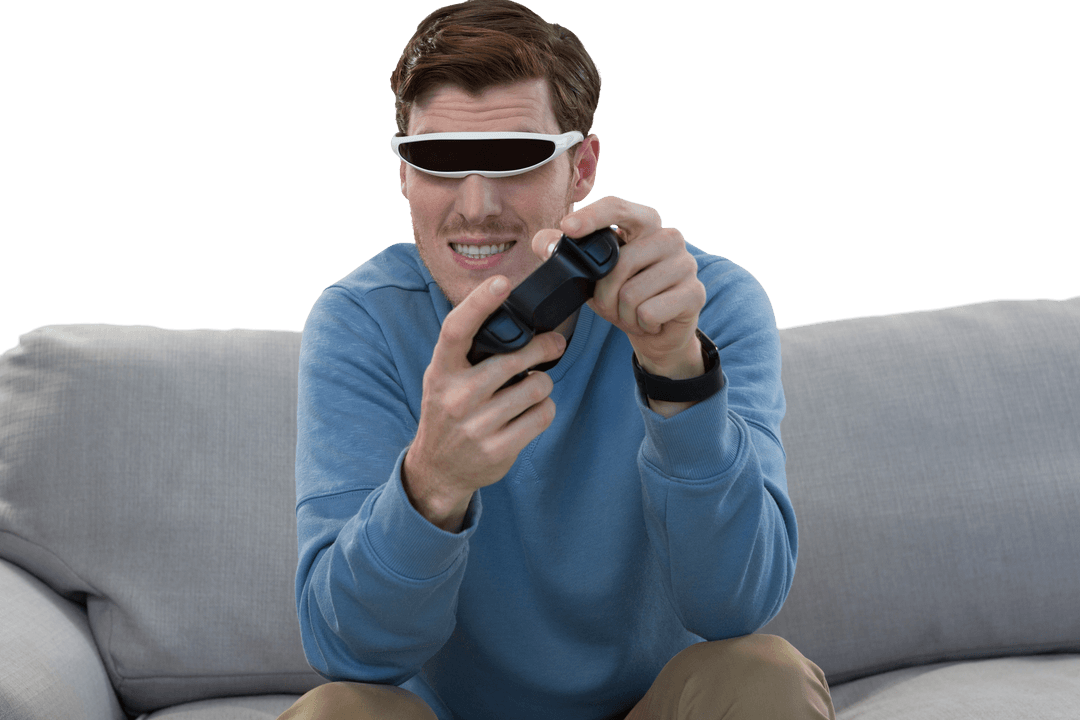 Transparent Gaming Man Wearing Futuristic Glasses With Joystick
