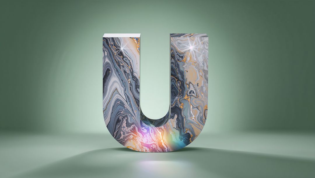 Marble-Textured Letter U with Gold Veins and Rainbow Reflection