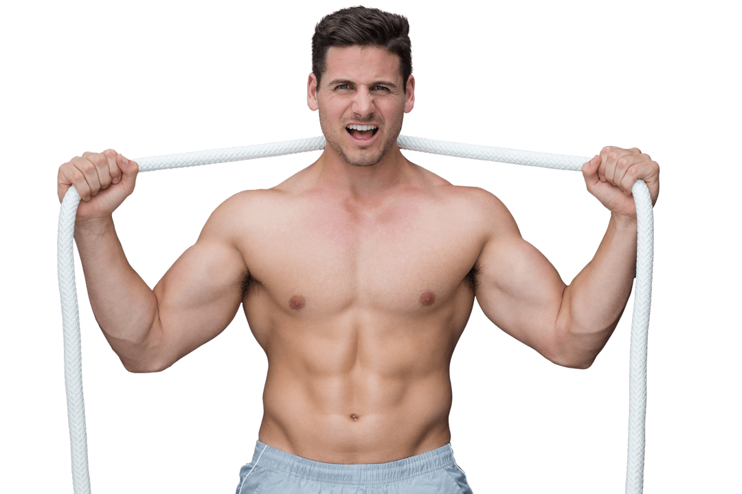 Muscular Sportsman Holding Rope on Transparent Background