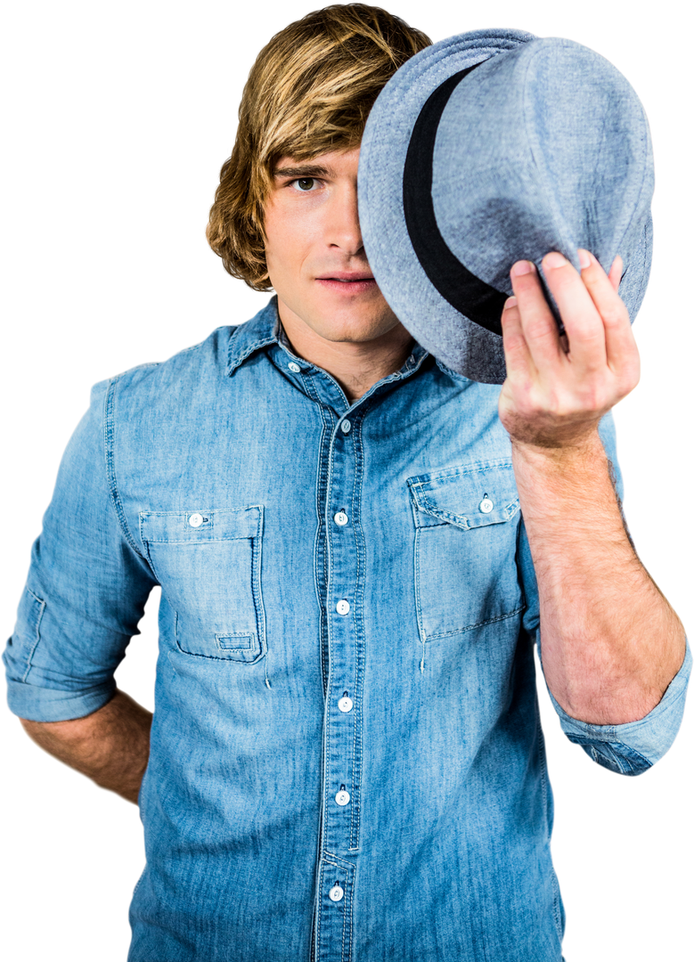 Transparent Hipster Man with Denim Shirt Holding Hat - Download Free Stock Images Pikwizard.com