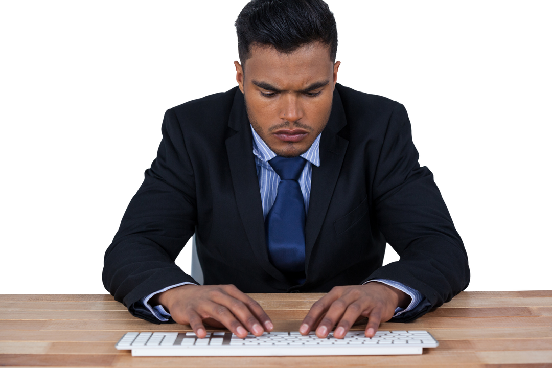 Focused Businessman in Suit Typing on Object on Transparent Background - Download Free Stock Images Pikwizard.com