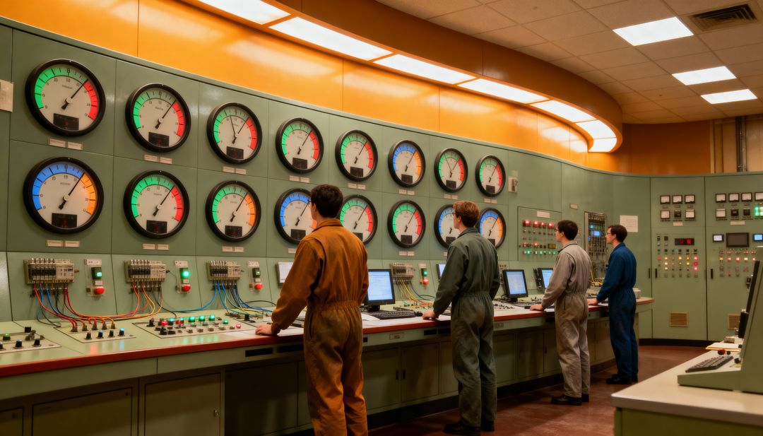 Technicians Monitoring Analog Gauges in Vintage Industrial Control Room