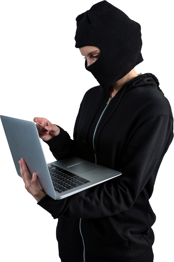 Female Hacker Holding Laptop and Credit Card on Transparent Background - Download Free Stock Images Pikwizard.com