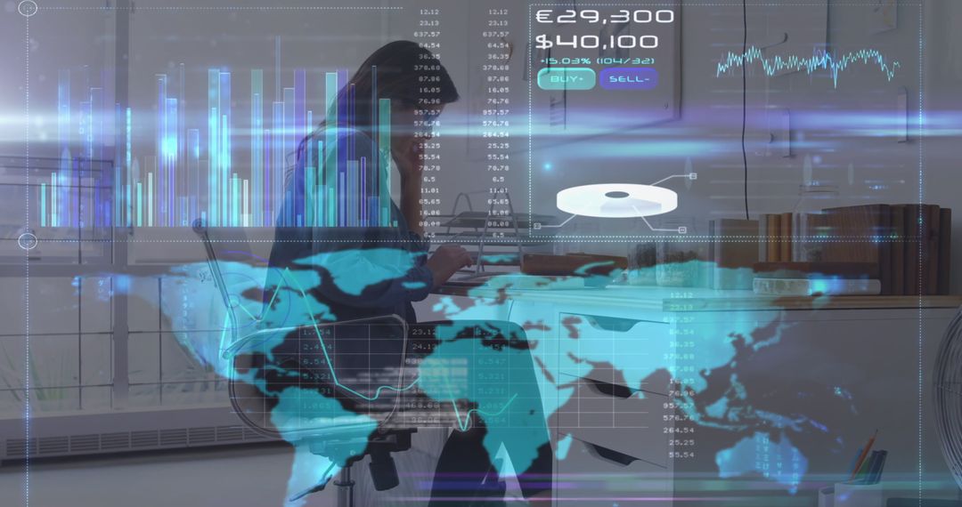 Global Business with Data Visualizations and Futuristic Office Ambiance