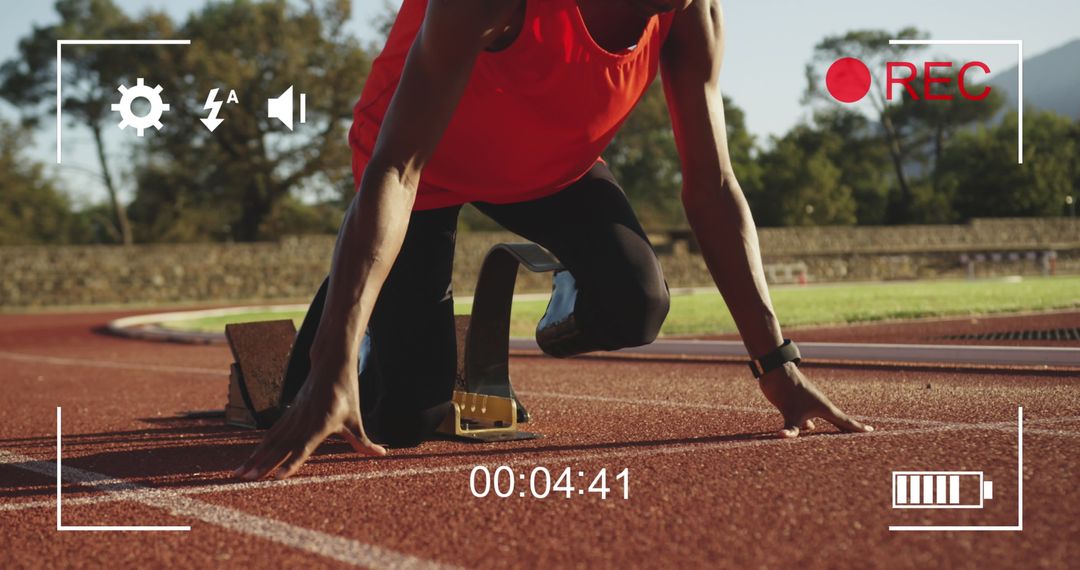 Paralympic Runner Ready at Starting Line with Virtual Interface Overlay