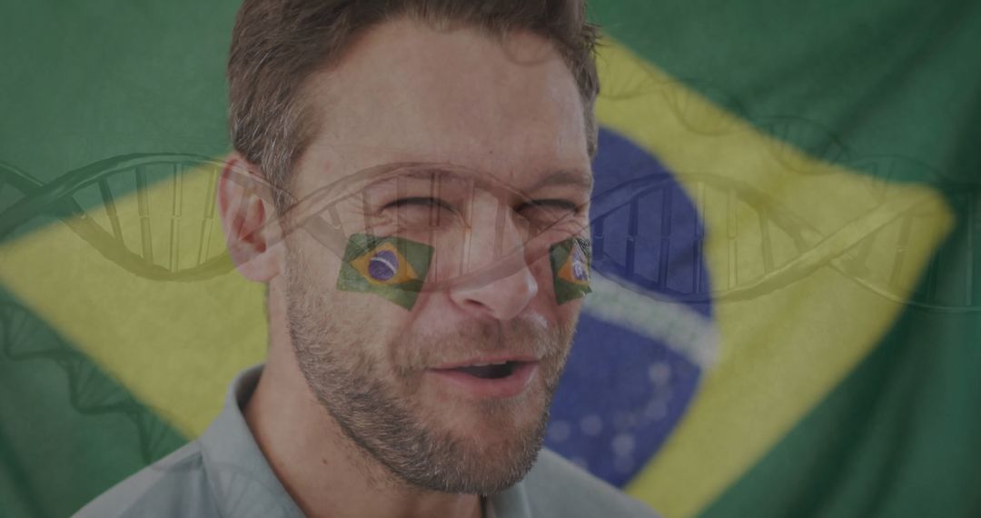 Cheering Enthusiastic Man Celebrates with Brazilian Flag Backdrop