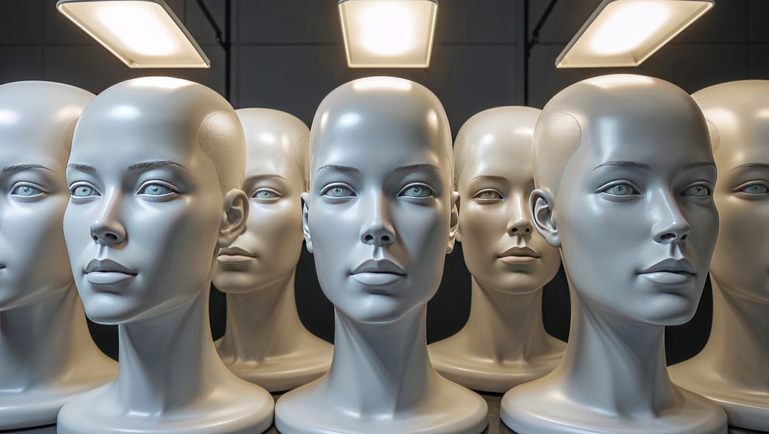 Row of illuminated mannequin heads in modern studio display, talking heads concept