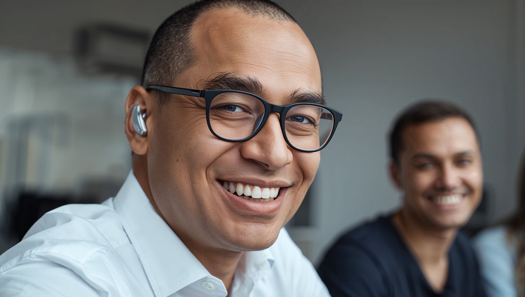 Professional Asian Man with Glasses Using Earbud in Office for Communication