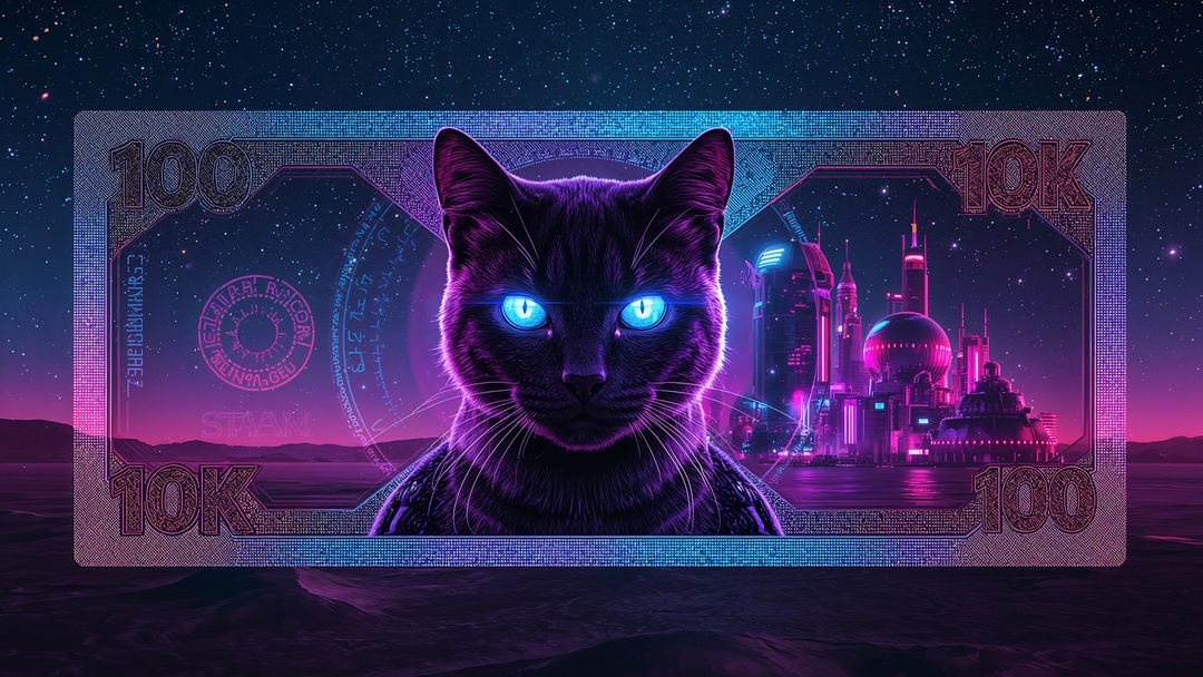 Futuristic Cat with Glowing Eyes on Alien Currency in Neon Sci-Fi World