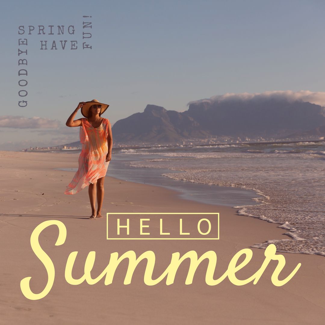 Woman in Flowy Dress Strolling Along Tranquil Beach in Summer