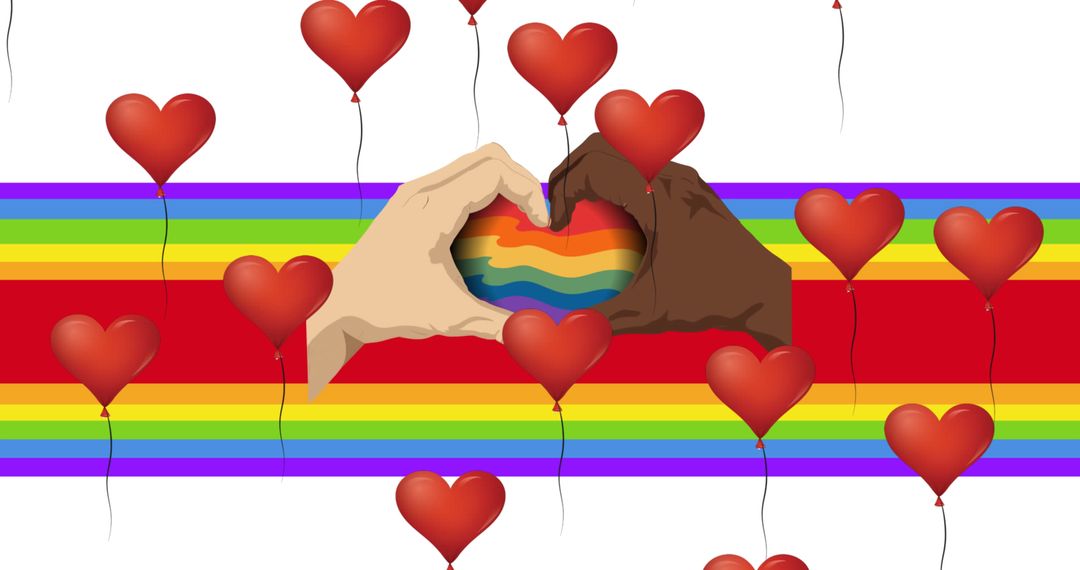 Hands Creating Rainbow Heart with Heart Balloons Celebrating Pride