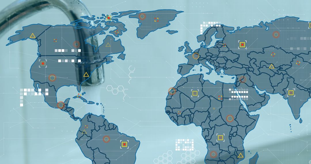 Digital World Map Overlay with Faucets Highlighting Global Connectivity