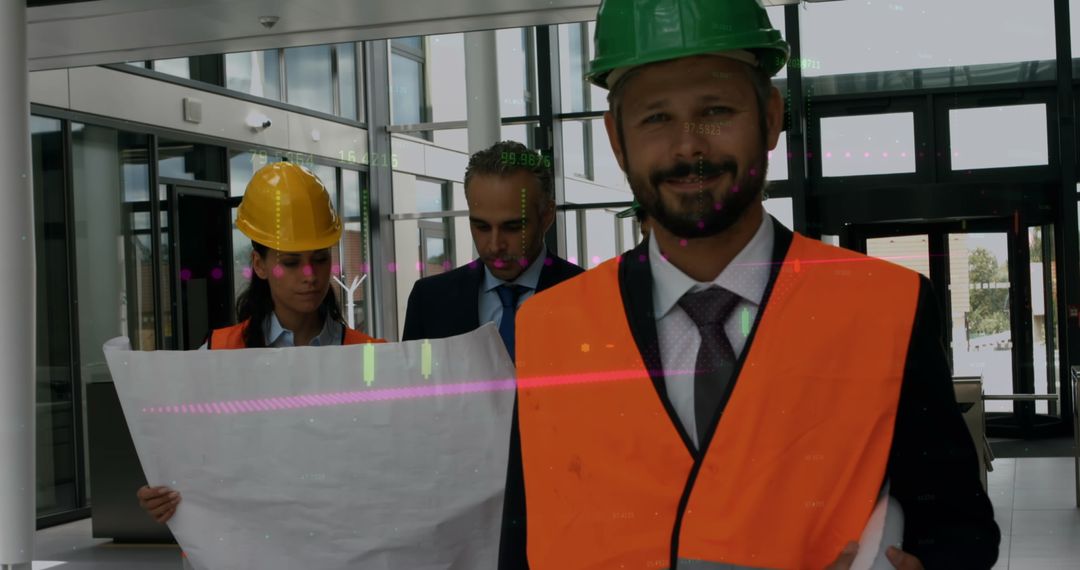 Confident Architects and Engineer Analyzing Building Blueprints