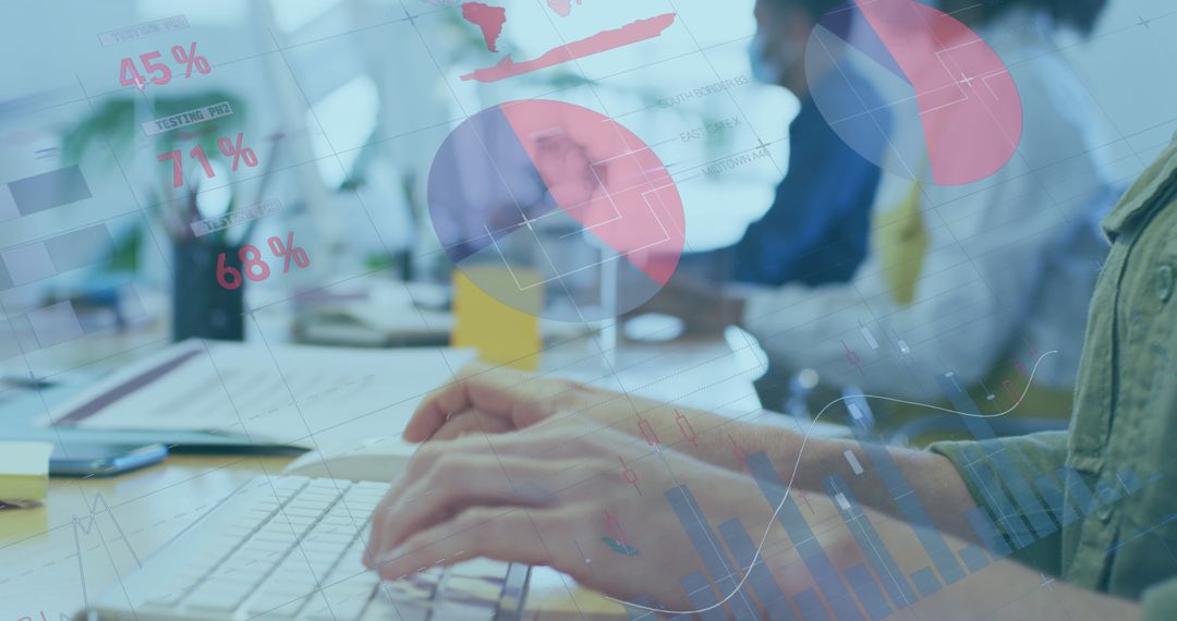 Business Professionals Using Data Analytics and Masks in Office