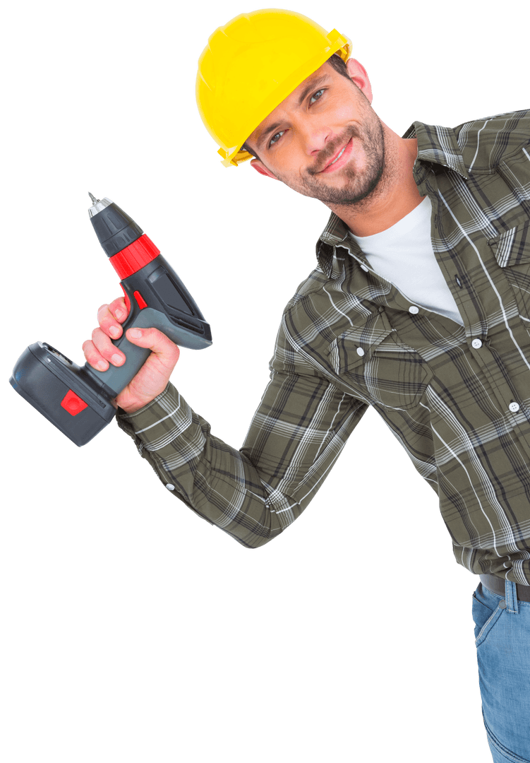 Smiling Repairman with Drill Machine on Transparent Background